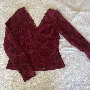 Guess Burgundy Lace V-Neck Long Sleeve Blouse